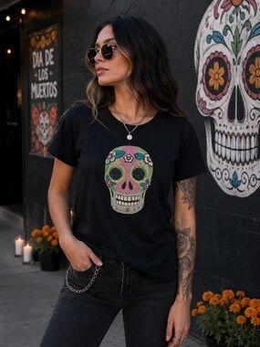 Lucky Brand Embroidered Sugar Skull Tee — Edgy Boho Rocker Chic Graphic Shirt
